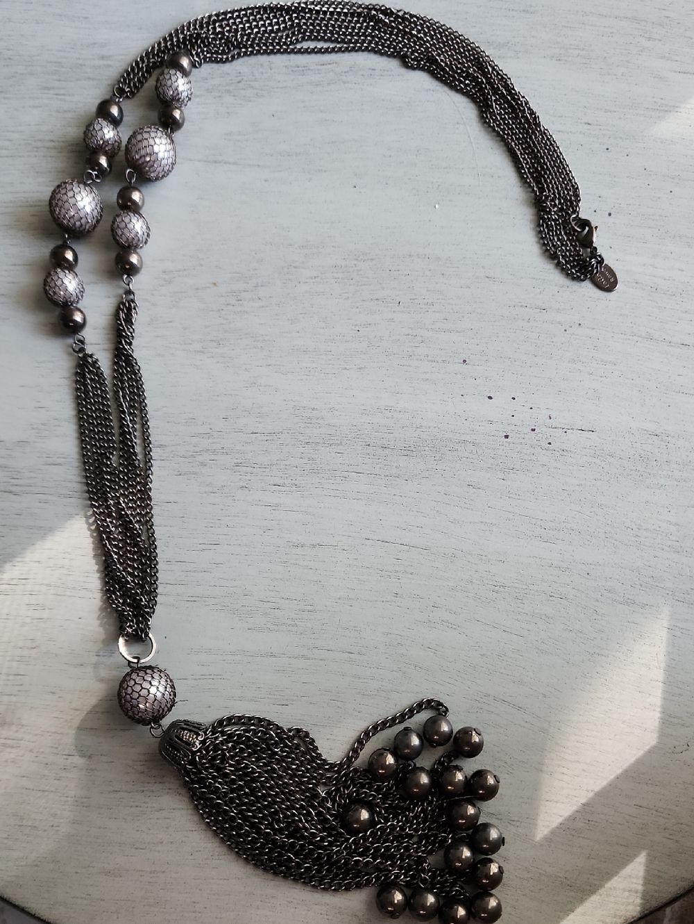 Laila Rowe Signed Gunmetal Chain Tassel Necklace with Bead Accents